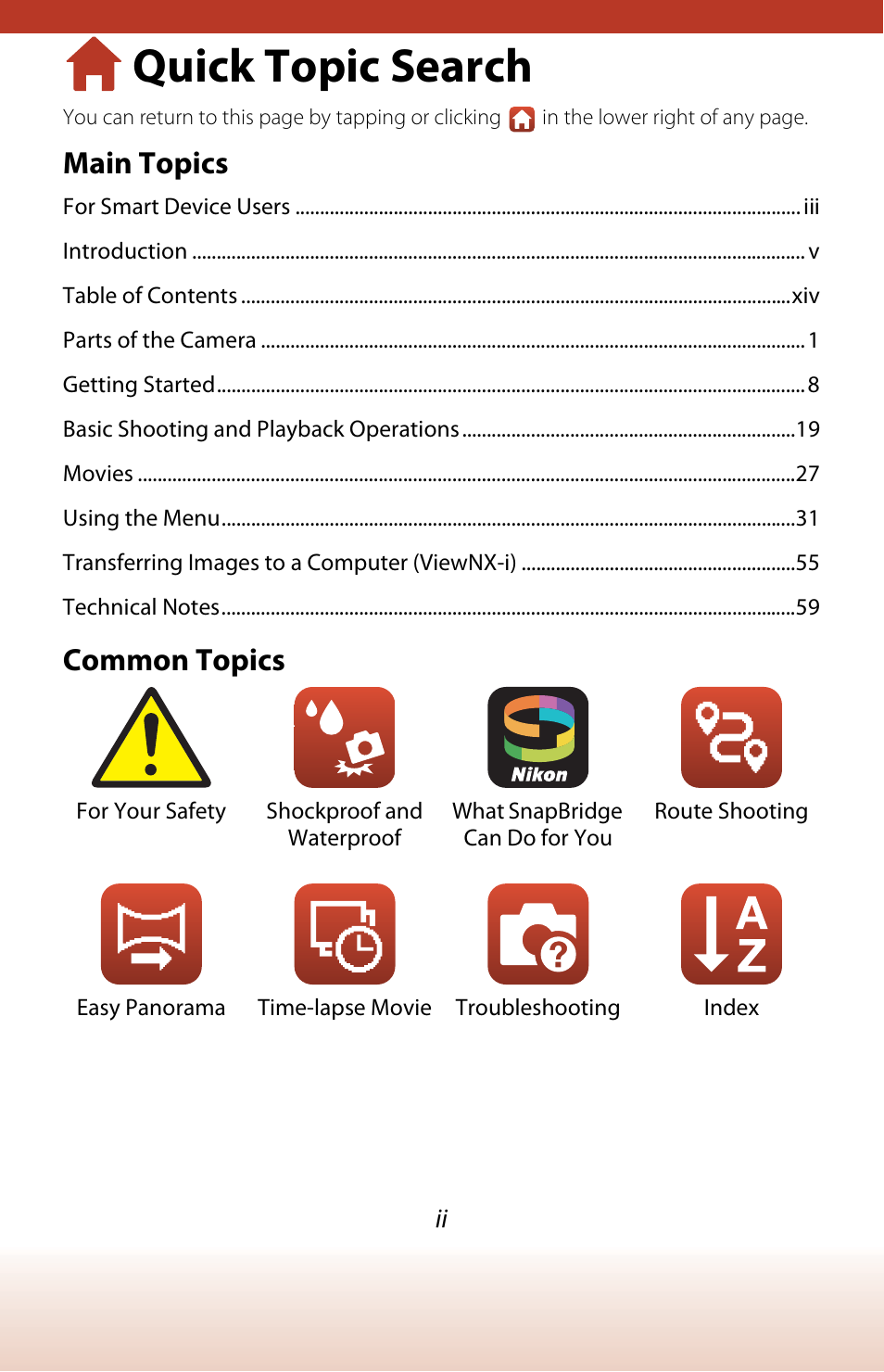 Quick topic search, Main topics, Common topics | Nikon KeyMission 80 User Manual | Page 2 / 104