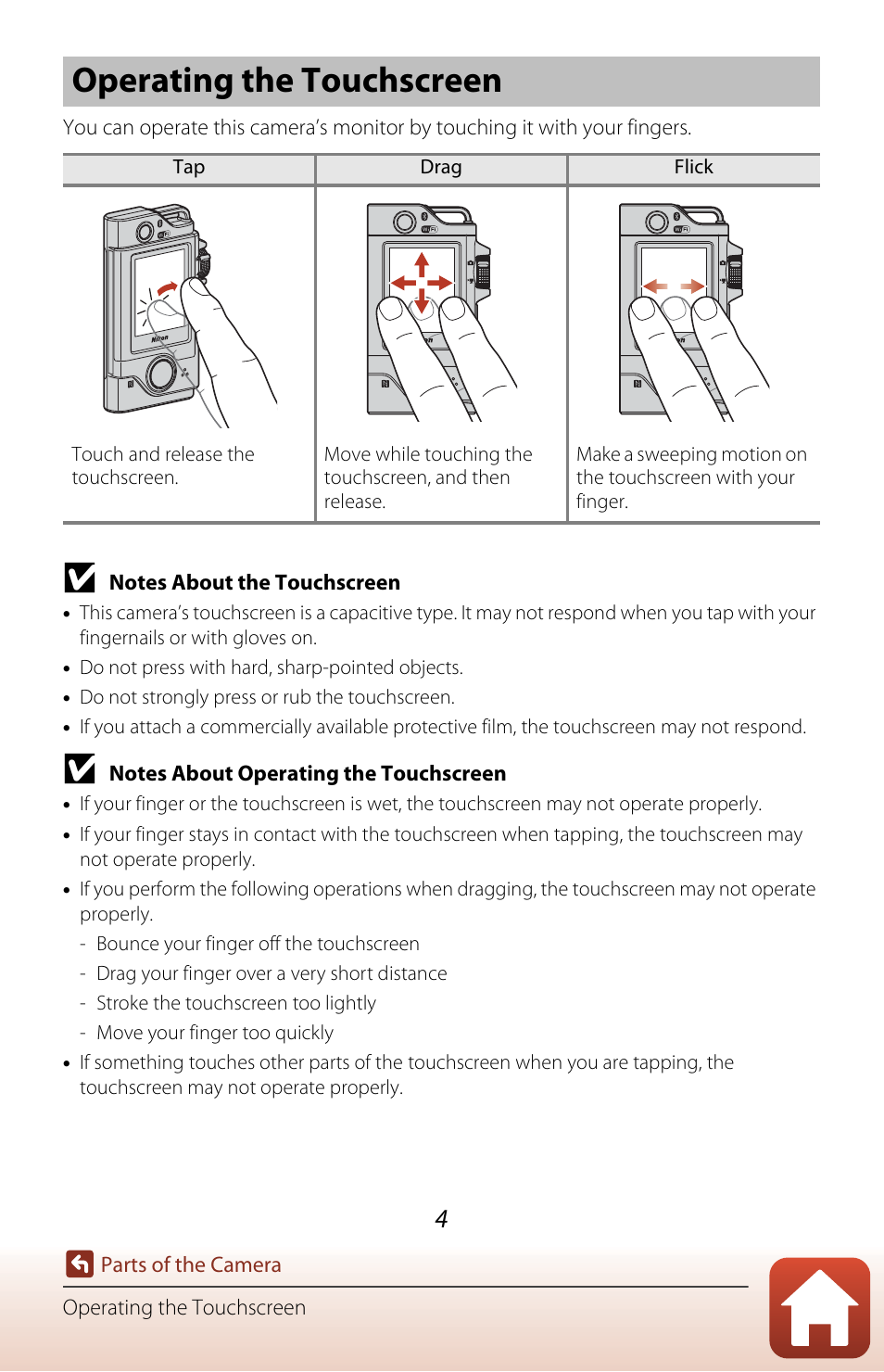 Operating the touchscreen | Nikon KeyMission 80 User Manual | Page 20 / 104