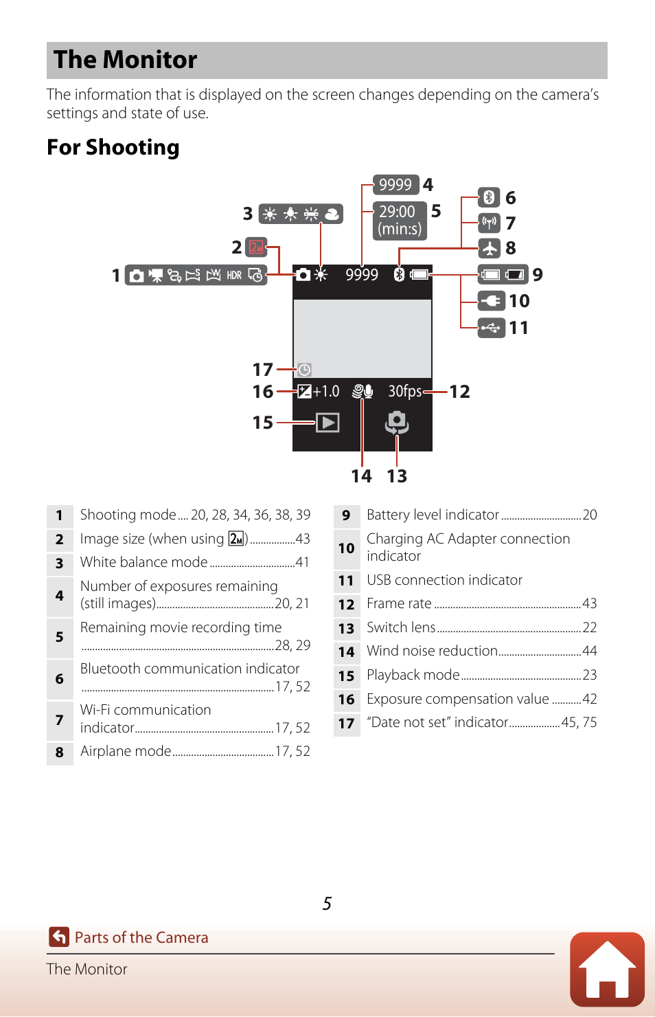 The monitor, For shooting | Nikon KeyMission 80 User Manual | Page 21 / 104