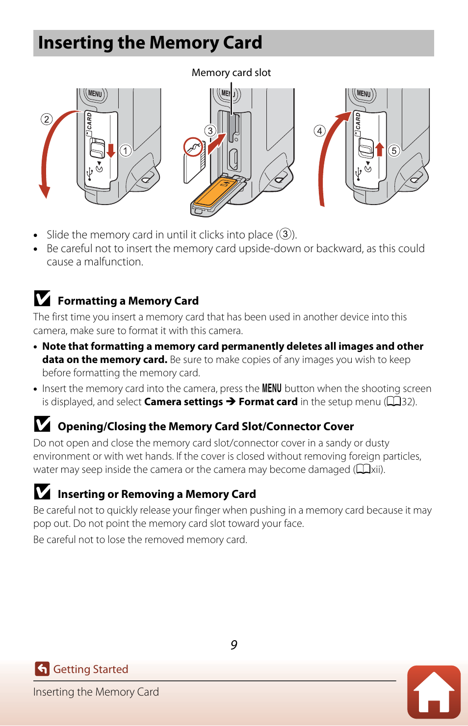 Inserting the memory card | Nikon KeyMission 80 User Manual | Page 25 / 104