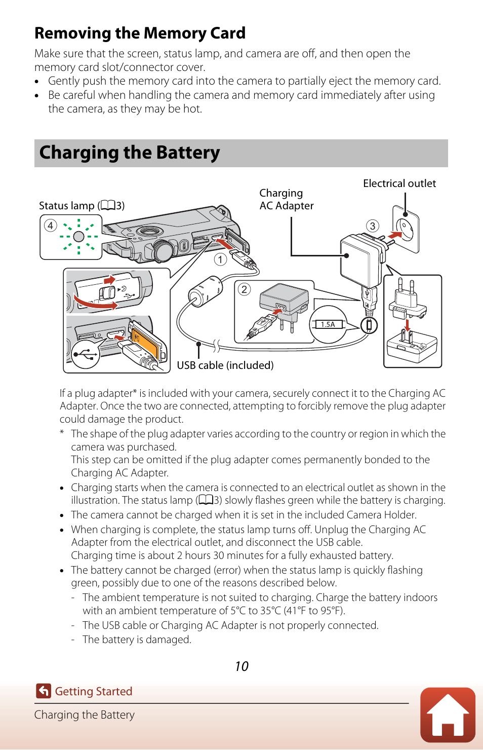 Removing the memory card, Charging the battery | Nikon KeyMission 80 User Manual | Page 26 / 104