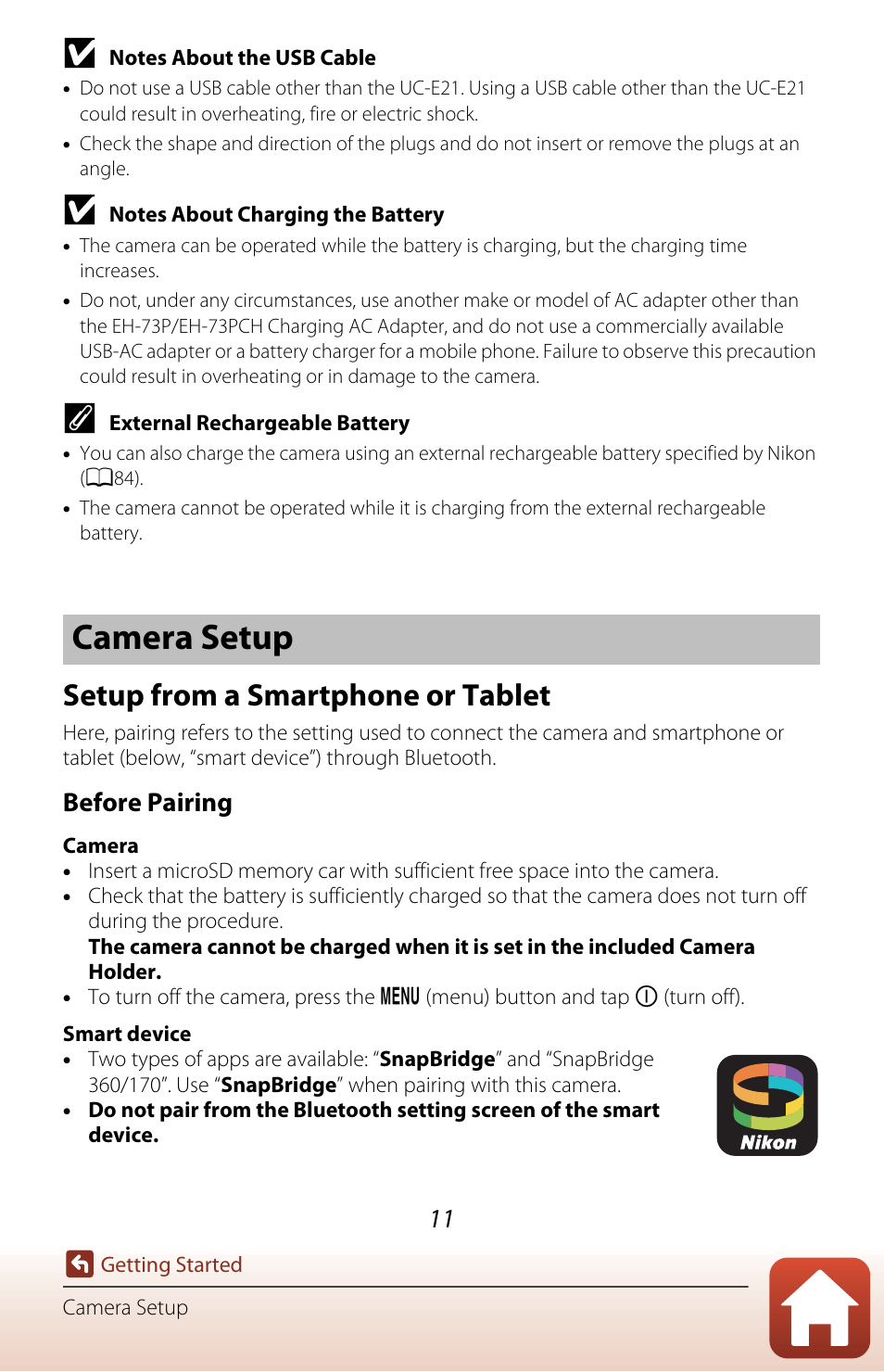 Camera setup, Setup from a smartphone or tablet, Before pairing | Nikon KeyMission 80 User Manual | Page 27 / 104