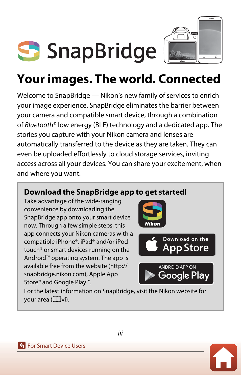 For smart device users, Your images. the world. connected | Nikon KeyMission 80 User Manual | Page 3 / 104