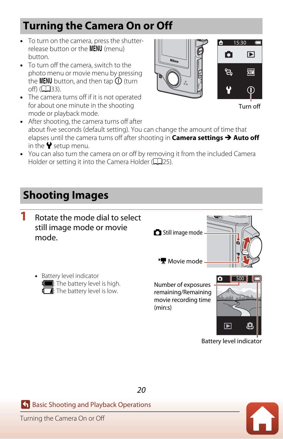 Turning the camera on or off, Shooting images, Turning the camera on or off shooting images | Nikon KeyMission 80 User Manual | Page 36 / 104