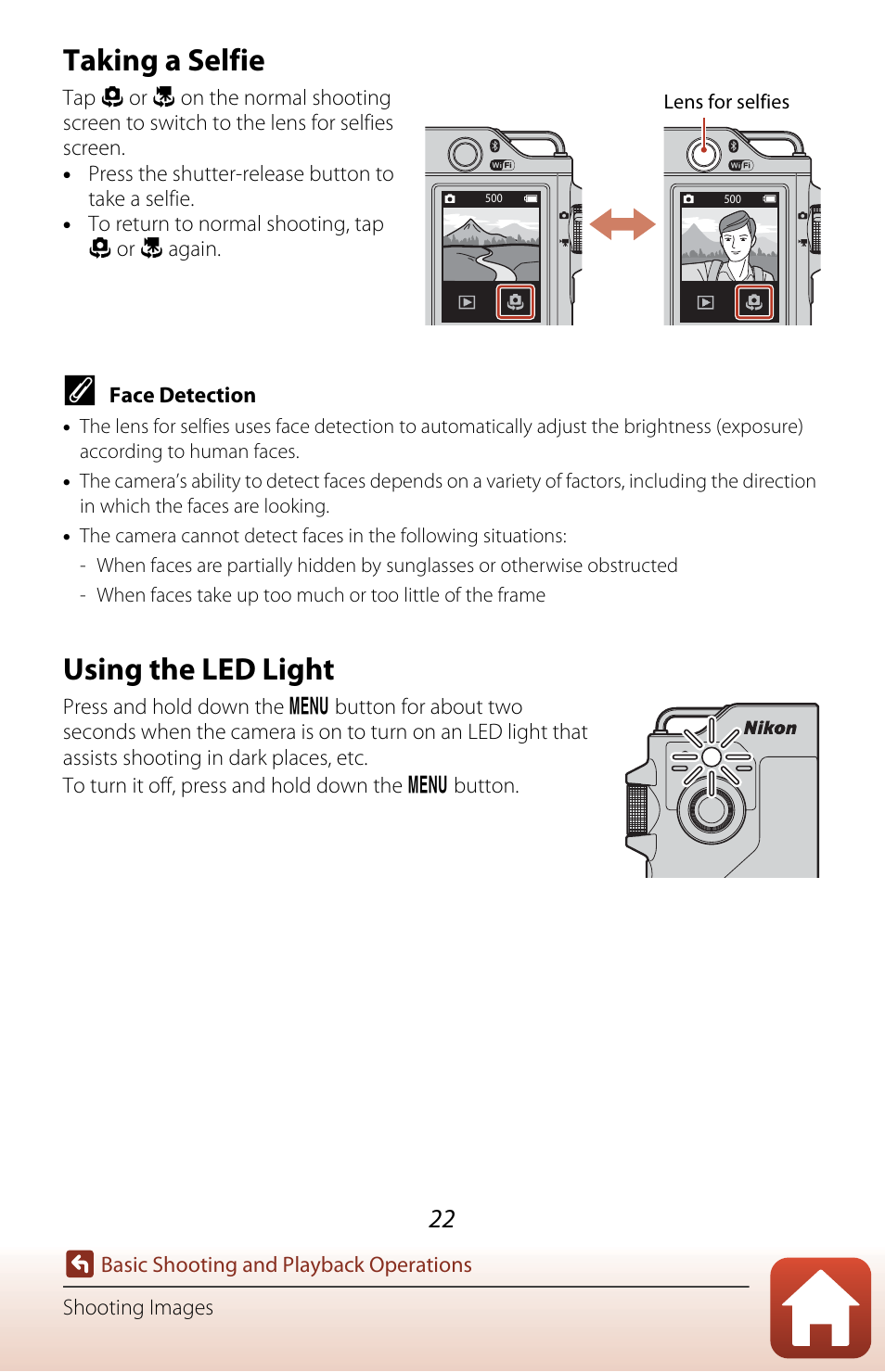 Taking a selfie, Using the led light, A22) | Nikon KeyMission 80 User Manual | Page 38 / 104