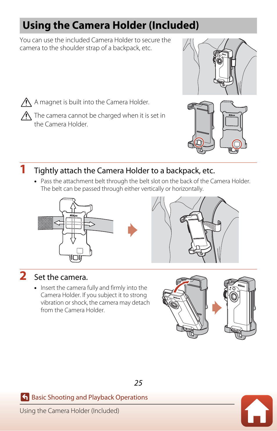 Using the camera holder (included), A25) | Nikon KeyMission 80 User Manual | Page 41 / 104