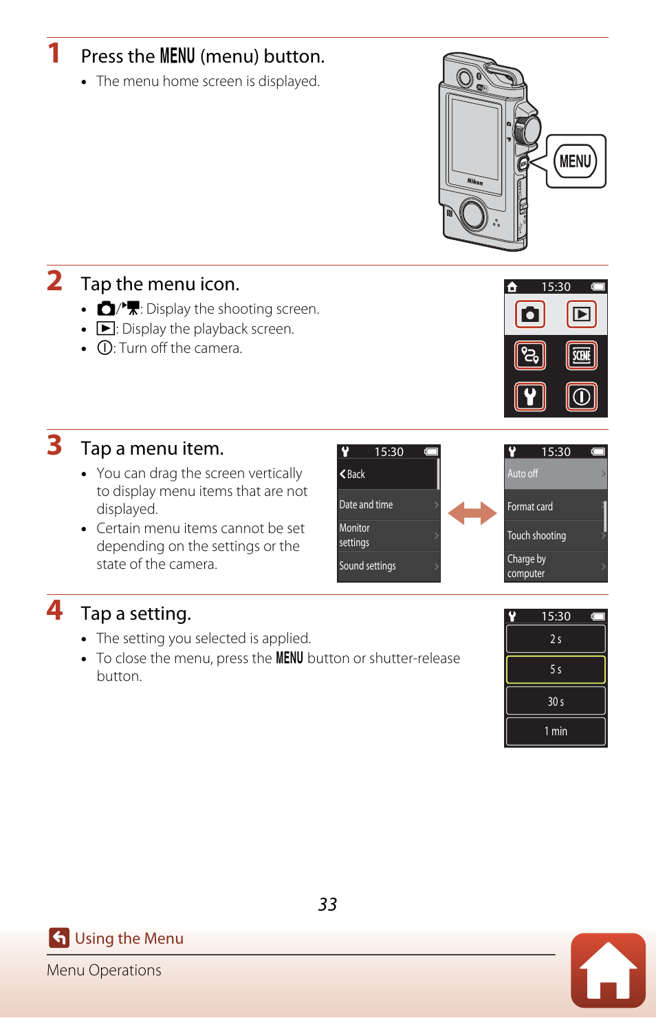 A33), Press the d (menu) button, Tap the menu icon | Tap a menu item, Tap a setting | Nikon KeyMission 80 User Manual | Page 49 / 104