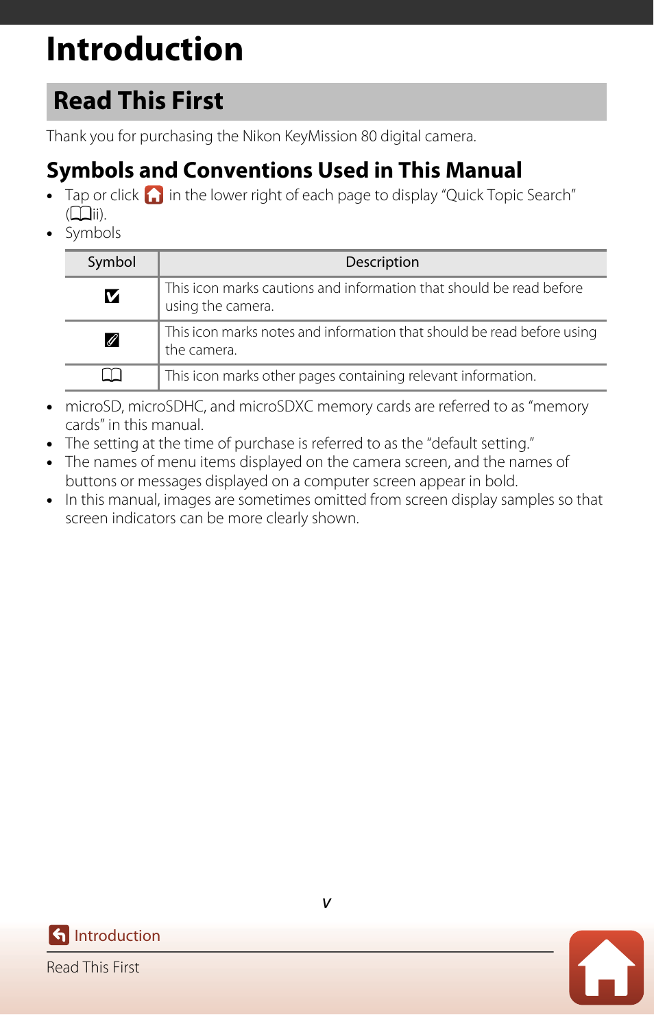 Introduction, Read this first, Symbols and conventions used in this manual | Nikon KeyMission 80 User Manual | Page 5 / 104