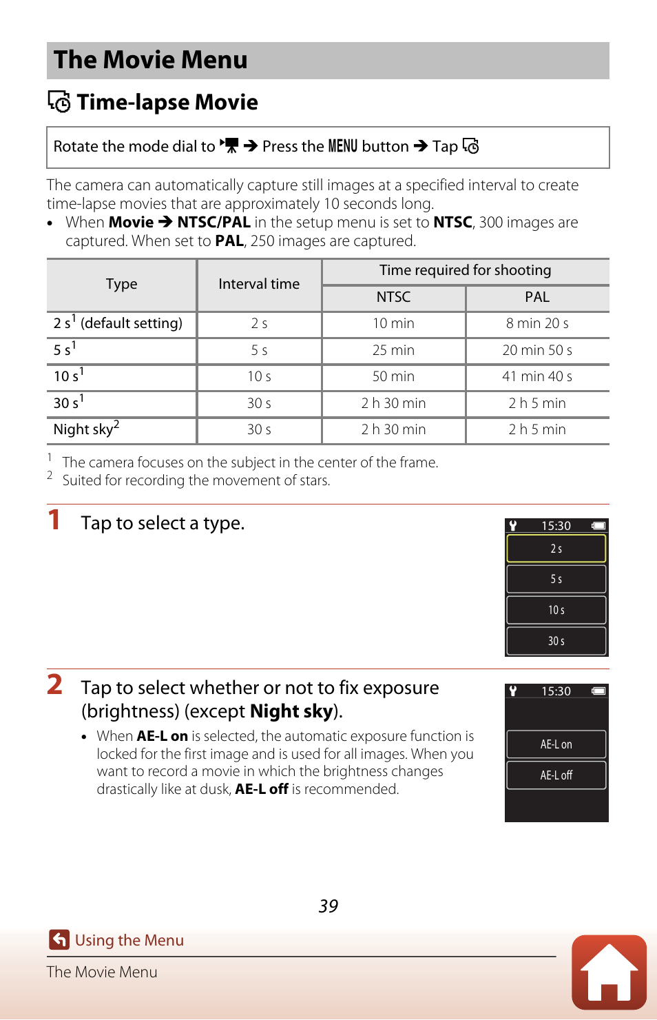The movie menu, Time-lapse movie, F time-lapse movie | Tap to select a type | Nikon KeyMission 80 User Manual | Page 55 / 104