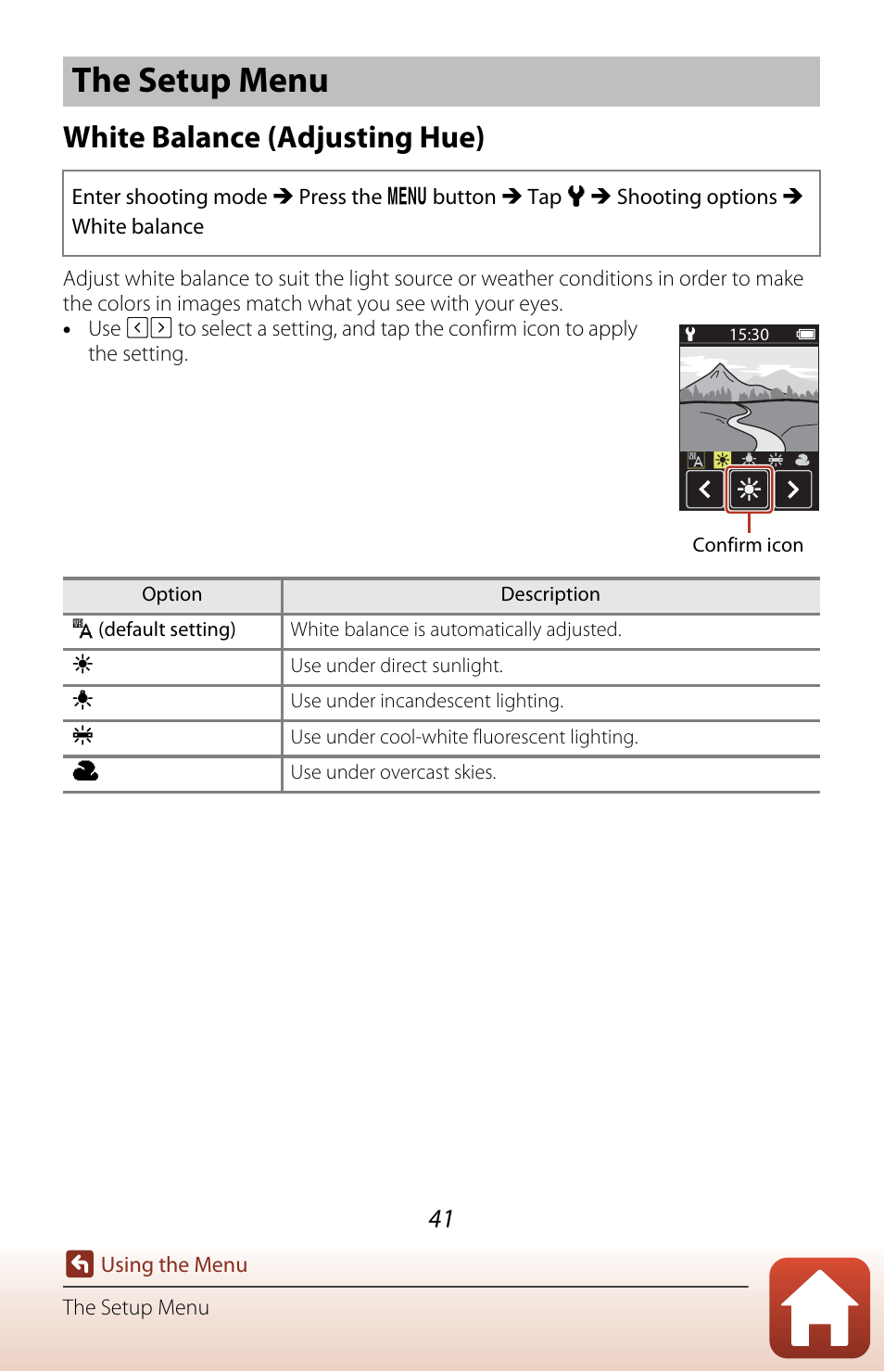 The setup menu, White balance (adjusting hue) | Nikon KeyMission 80 User Manual | Page 57 / 104