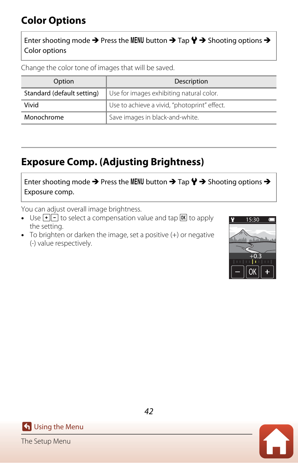 Color options, Exposure comp. (adjusting brightness), A42) | Nikon KeyMission 80 User Manual | Page 58 / 104