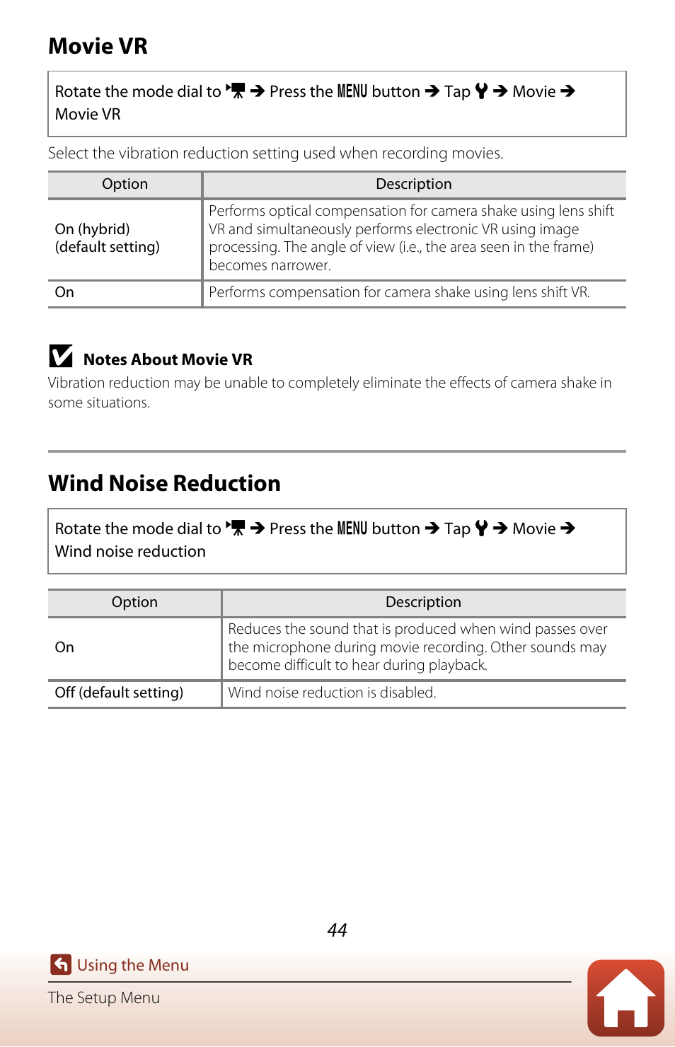 Movie vr, Wind noise reduction | Nikon KeyMission 80 User Manual | Page 60 / 104