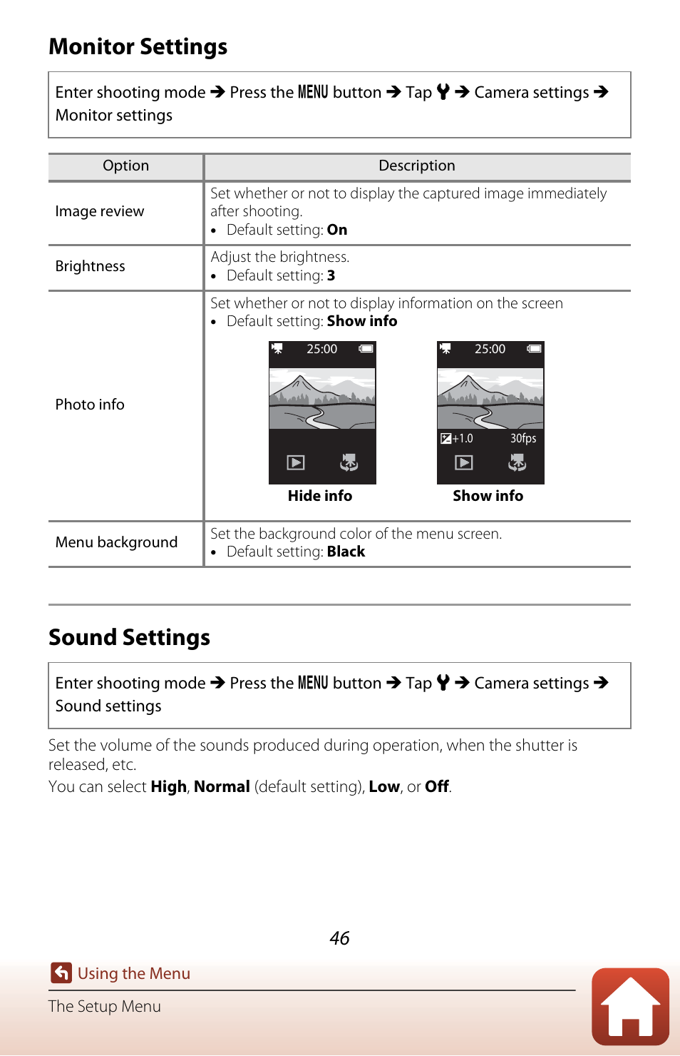 Monitor settings, Sound settings, Monitor settings sound settings | Nikon KeyMission 80 User Manual | Page 62 / 104