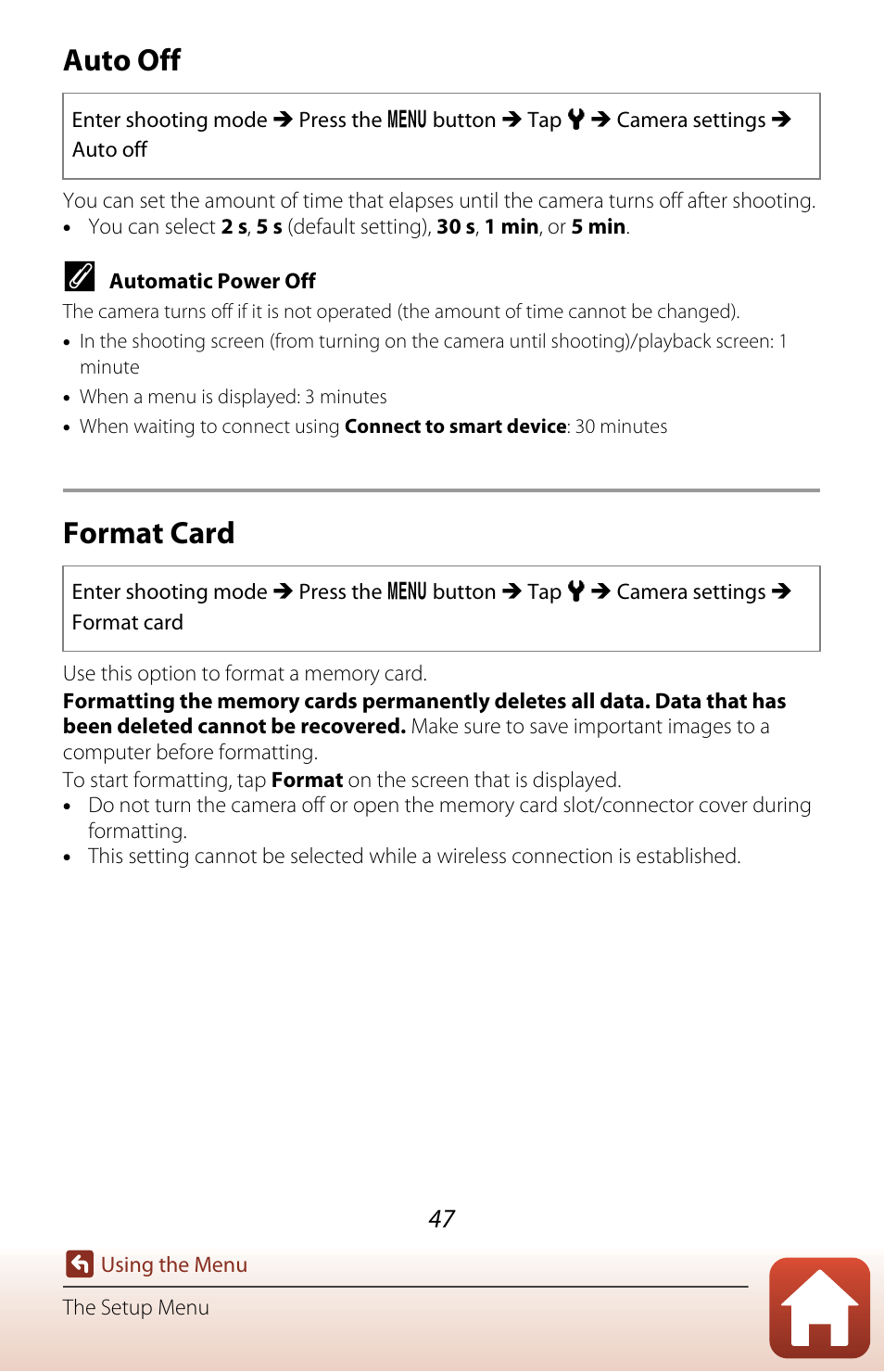 Auto off, Format card | Nikon KeyMission 80 User Manual | Page 63 / 104