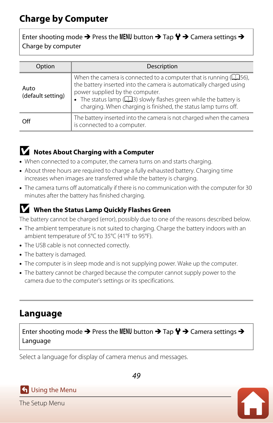 Charge by computer, Language | Nikon KeyMission 80 User Manual | Page 65 / 104