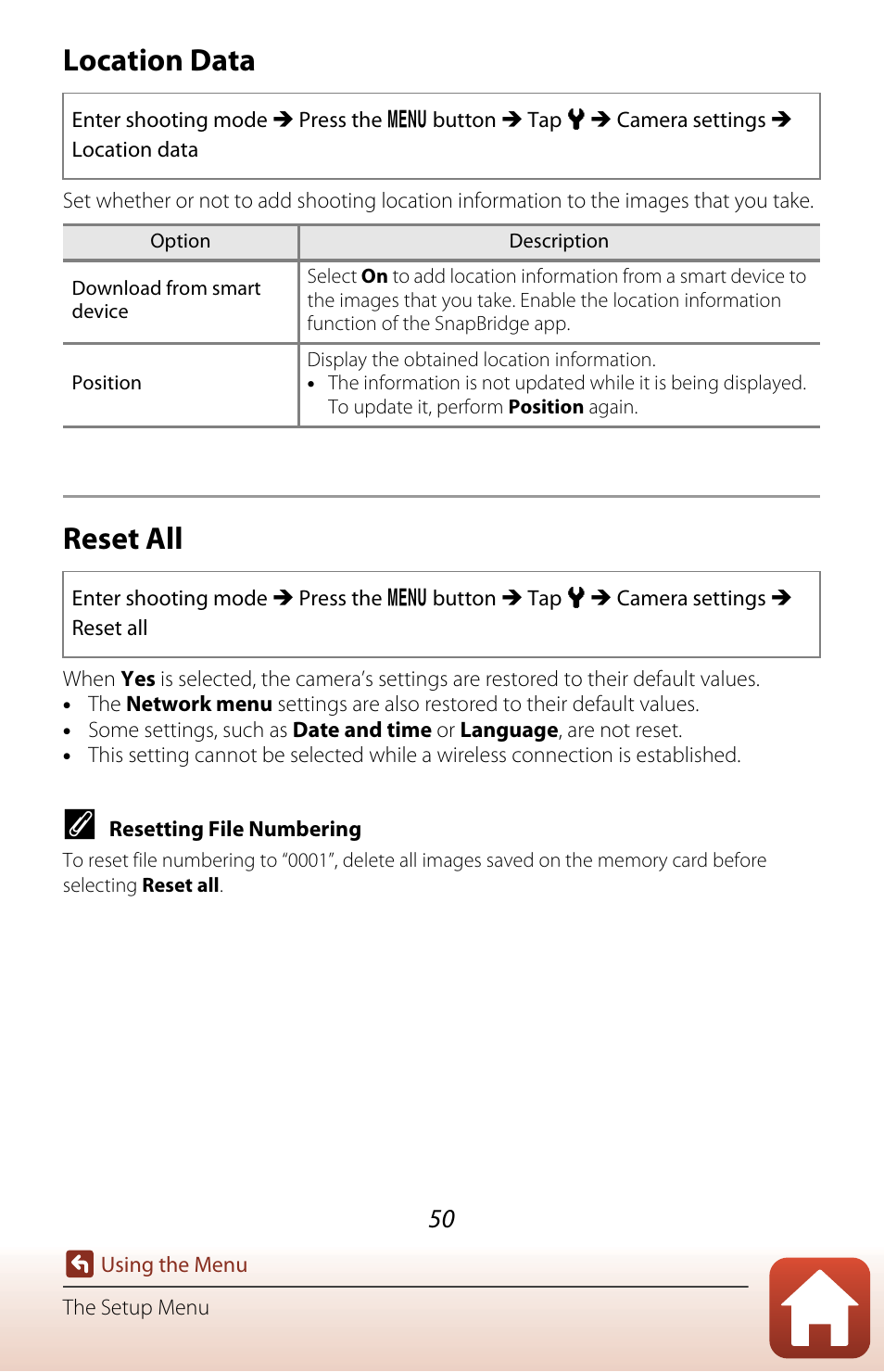 Location data, Reset all | Nikon KeyMission 80 User Manual | Page 66 / 104