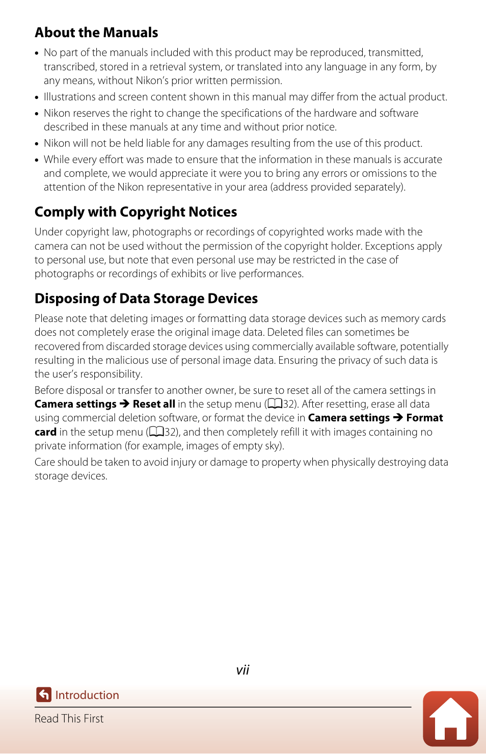 About the manuals, Comply with copyright notices, Disposing of data storage devices | Nikon KeyMission 80 User Manual | Page 7 / 104