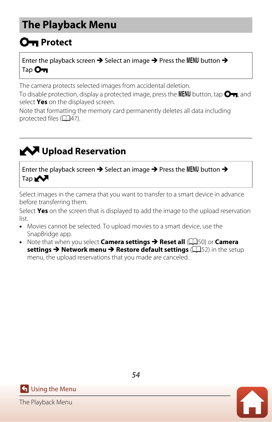 The playback menu, Protect, Upload reservation | O protect, J upload reservation | Nikon KeyMission 80 User Manual | Page 70 / 104