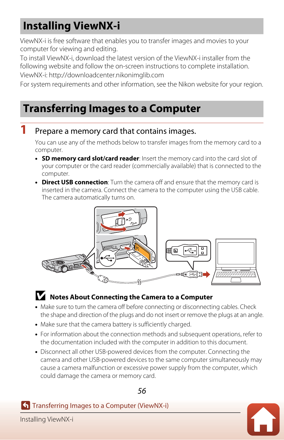 Installing viewnx-i, Transferring images to a computer, A56) | Nikon KeyMission 80 User Manual | Page 72 / 104