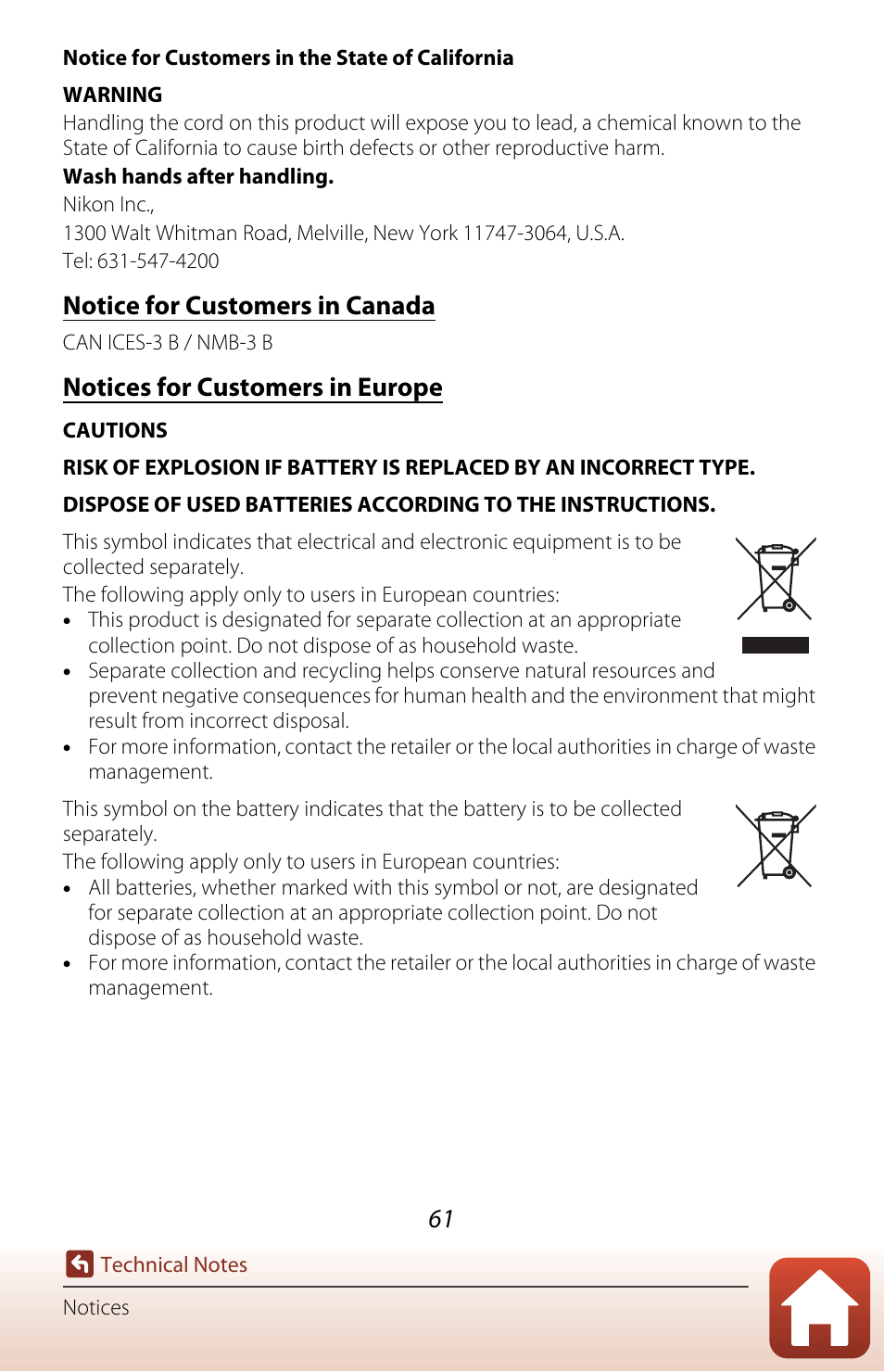 Notice for customers in canada, Notices for customers in europe | Nikon KeyMission 80 User Manual | Page 77 / 104