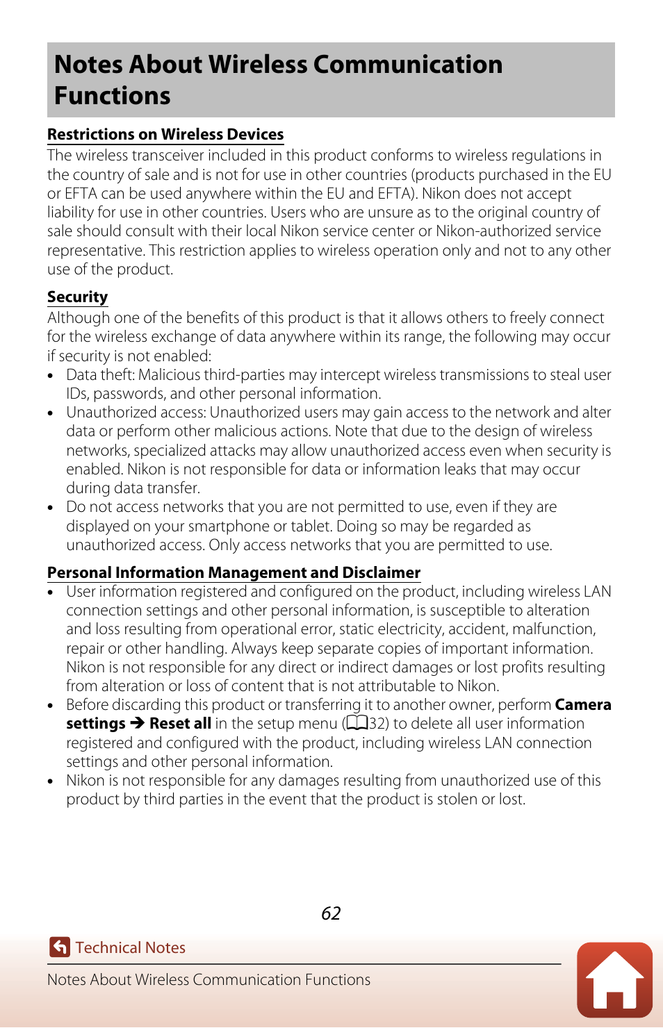 Notes about wireless communication functions | Nikon KeyMission 80 User Manual | Page 78 / 104