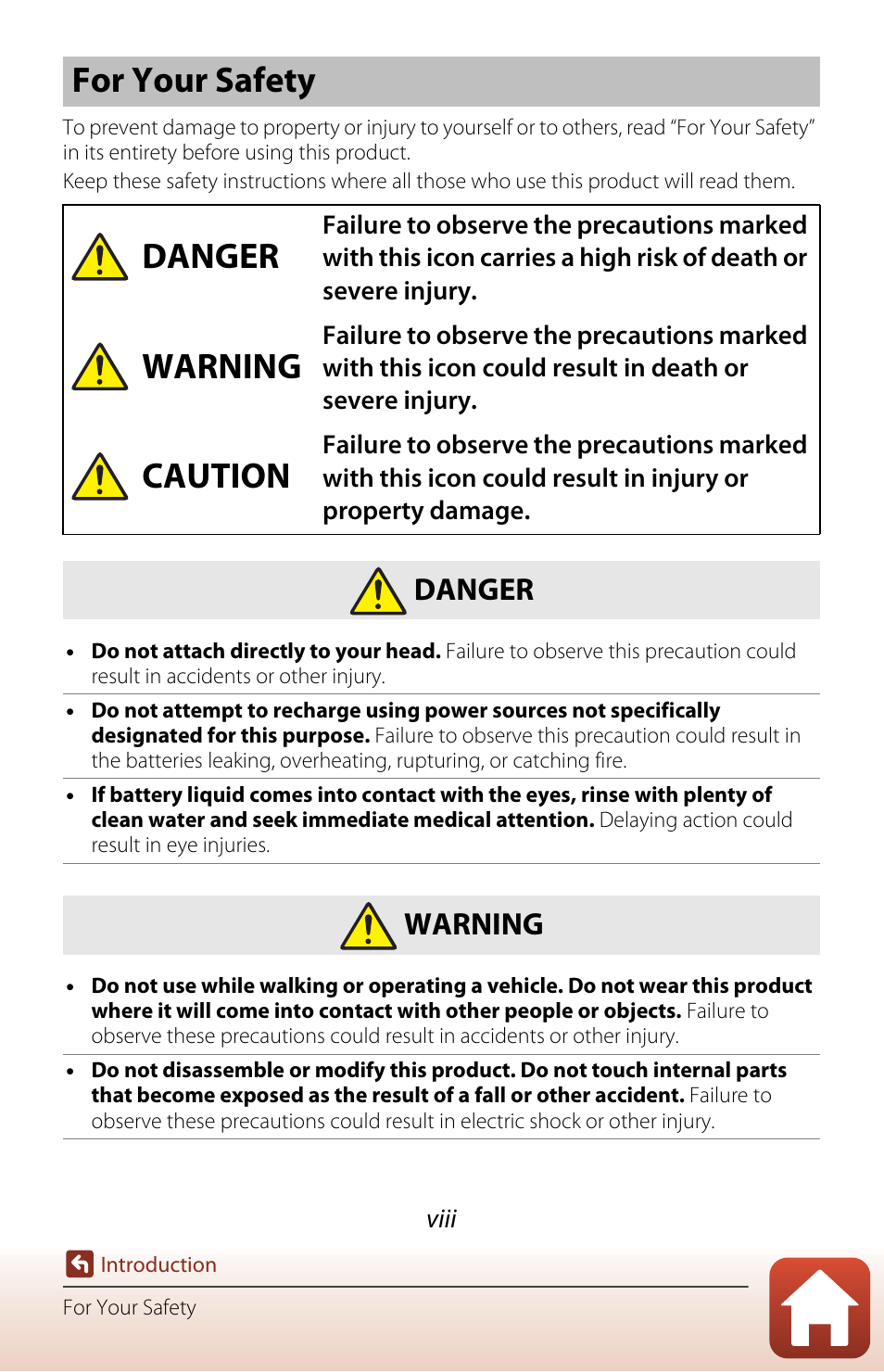 For your safety, Read “for, Your safety” (pa | E viii, For your safety danger, Warning, Caution, Danger | Nikon KeyMission 80 User Manual | Page 8 / 104