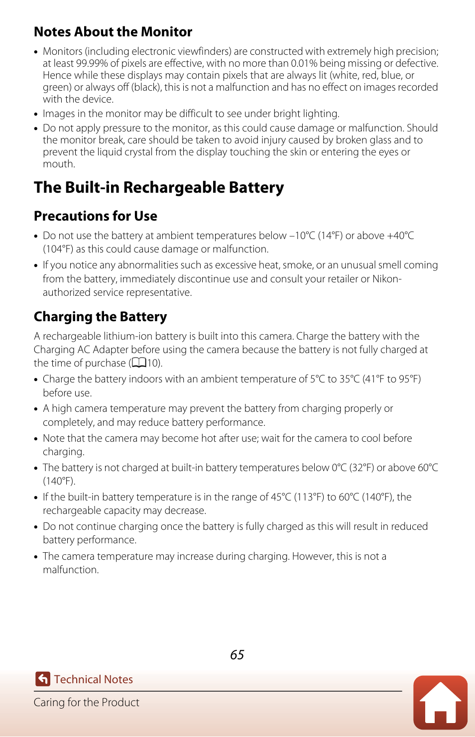 The built-in rechargeable battery, Precautions for use, Charging the battery | Nikon KeyMission 80 User Manual | Page 81 / 104