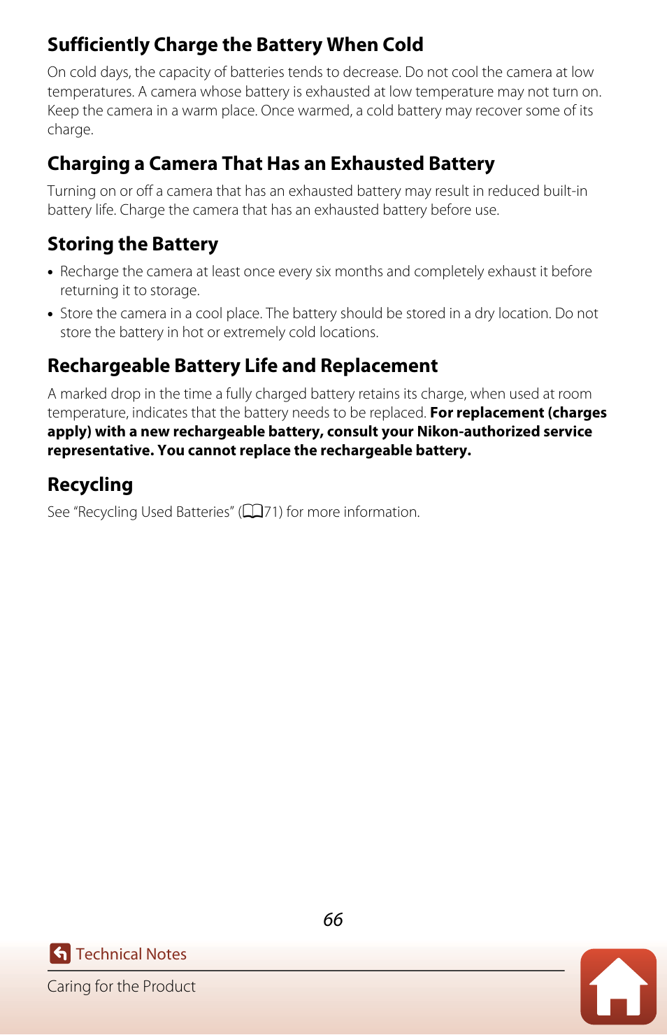 Sufficiently charge the battery when cold, Charging a camera that has an exhausted battery, Storing the battery | Rechargeable battery life and replacement, Recycling | Nikon KeyMission 80 User Manual | Page 82 / 104