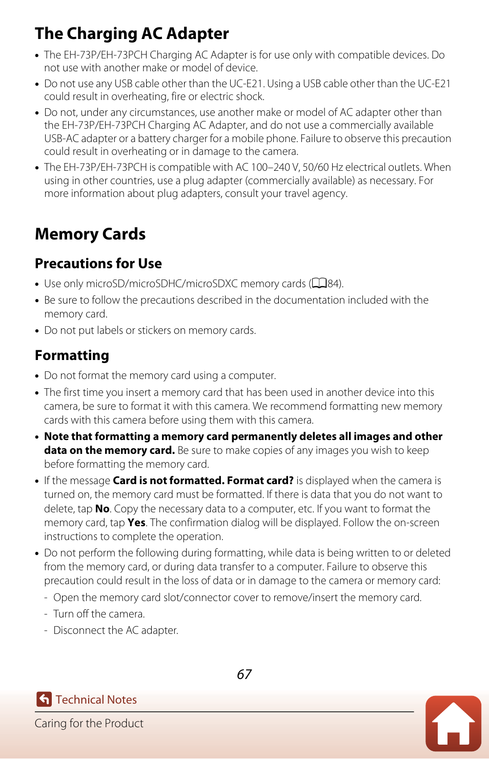 The charging ac adapter, Memory cards, Precautions for use | Formatting | Nikon KeyMission 80 User Manual | Page 83 / 104