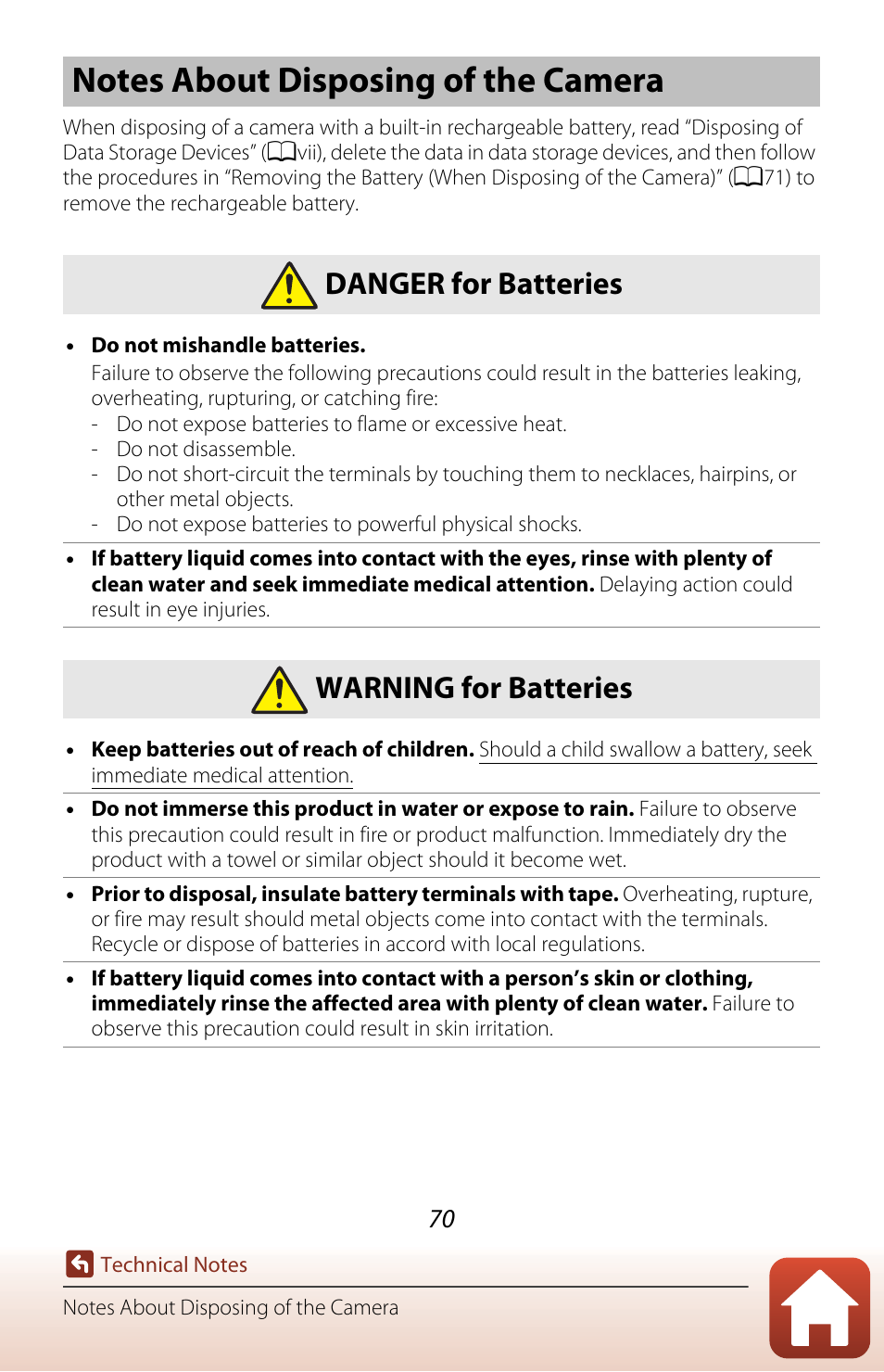 Notes about disposing of the camera, Danger for batteries, Warning for batteries | Nikon KeyMission 80 User Manual | Page 86 / 104