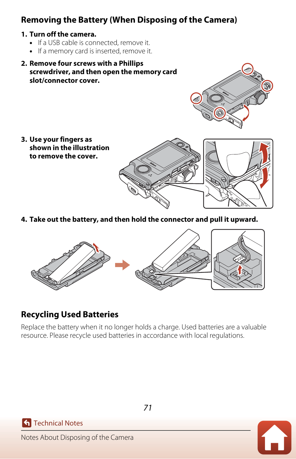 A71) to, Recycling used batteries | Nikon KeyMission 80 User Manual | Page 87 / 104