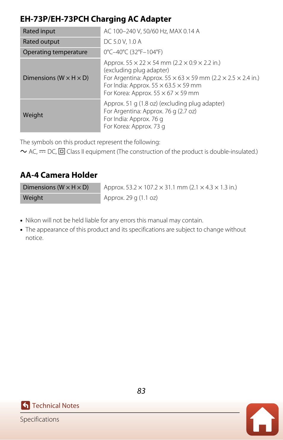 Eh-73p/eh-73pch charging ac adapter, Aa-4 camera holder | Nikon KeyMission 80 User Manual | Page 99 / 104