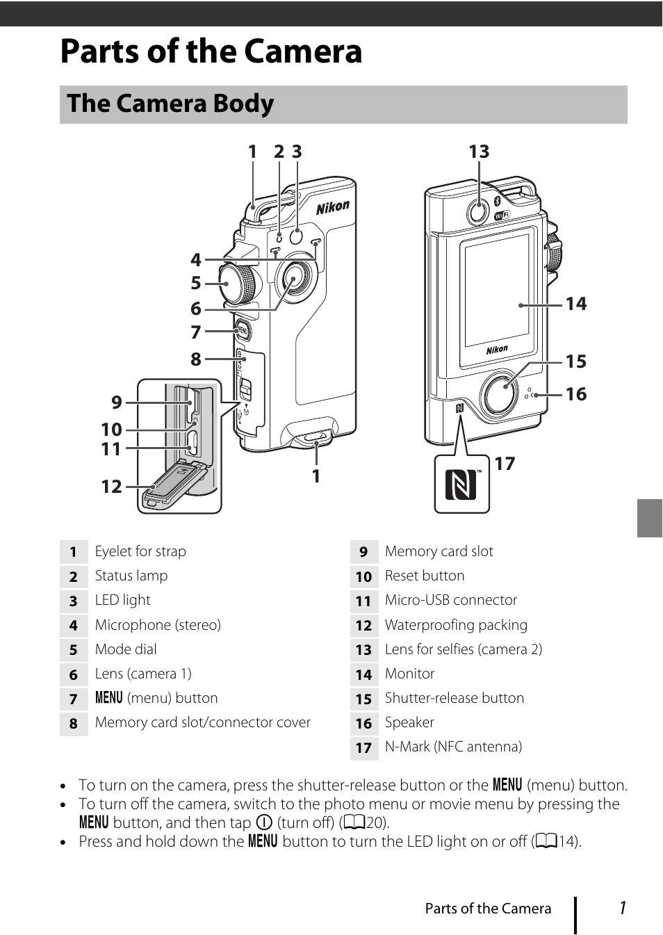 Parts of the camera, The camera body | Nikon KeyMission 80 User Manual | Page 11 / 48