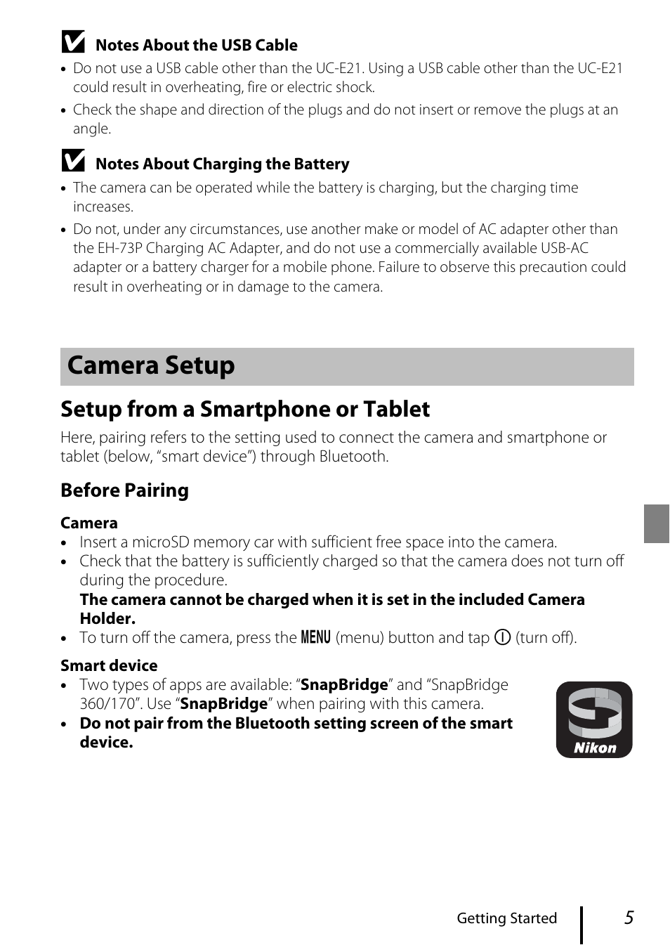 Camera setup, Setup from a smartphone or tablet, Before pairing | Nikon KeyMission 80 User Manual | Page 15 / 48