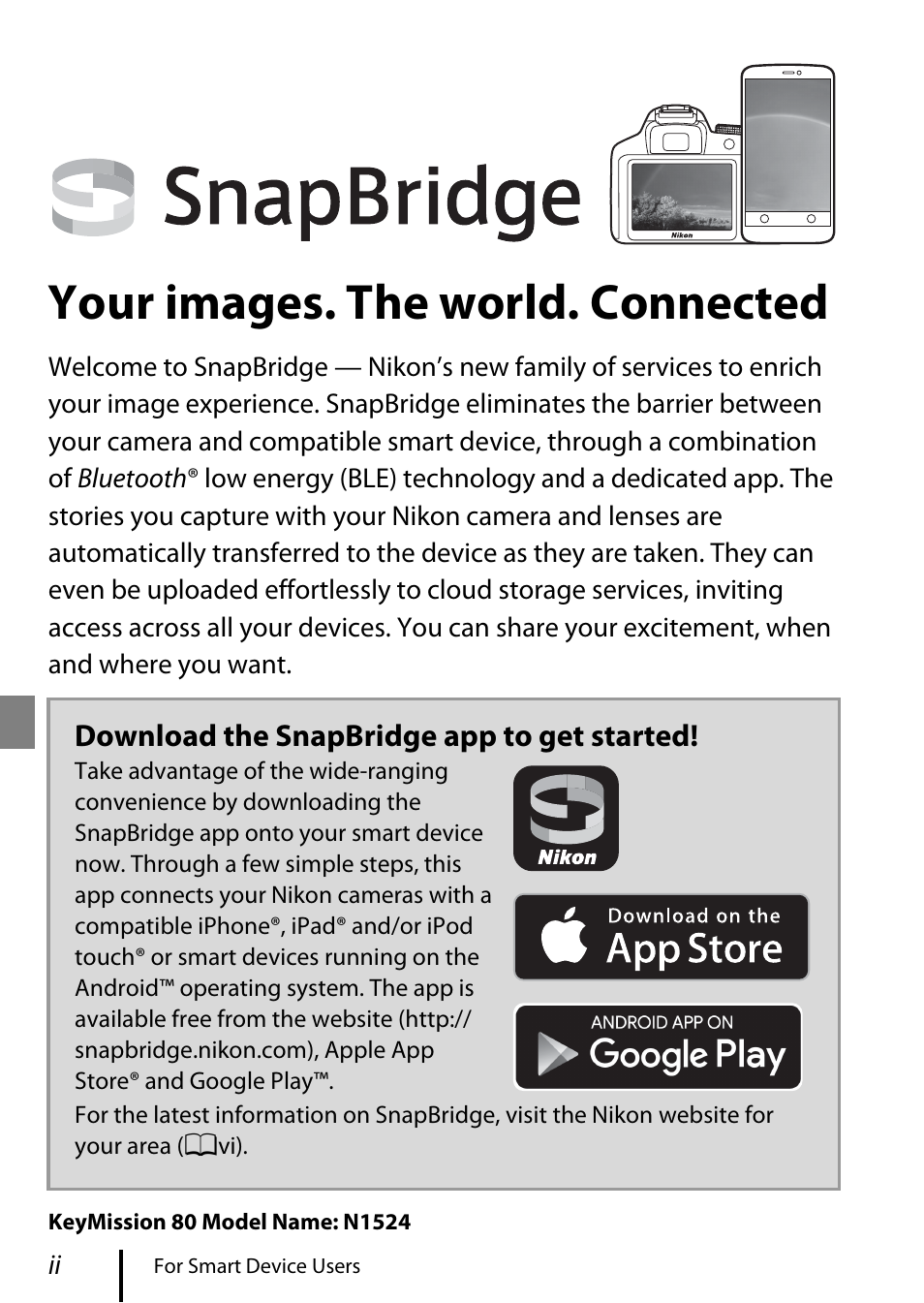 For smart device users, Your images. the world. connected | Nikon KeyMission 80 User Manual | Page 2 / 48