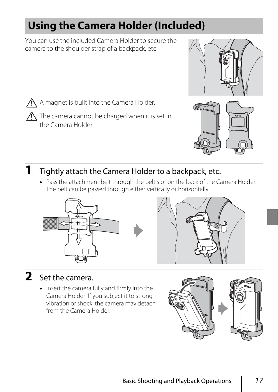 Using the camera holder (included) | Nikon KeyMission 80 User Manual | Page 27 / 48
