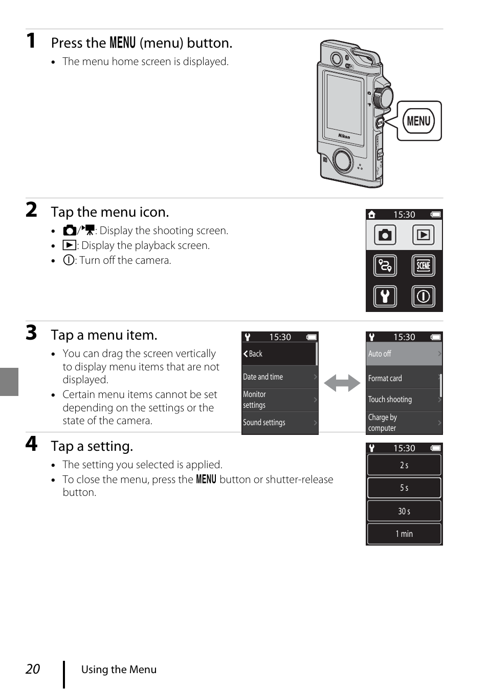 Press the d (menu) button, Tap the menu icon, Tap a menu item | Tap a setting | Nikon KeyMission 80 User Manual | Page 30 / 48