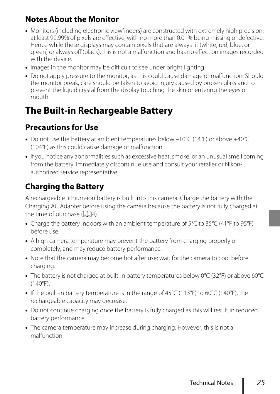 The built-in rechargeable battery, Precautions for use, Charging the battery | Nikon KeyMission 80 User Manual | Page 35 / 48