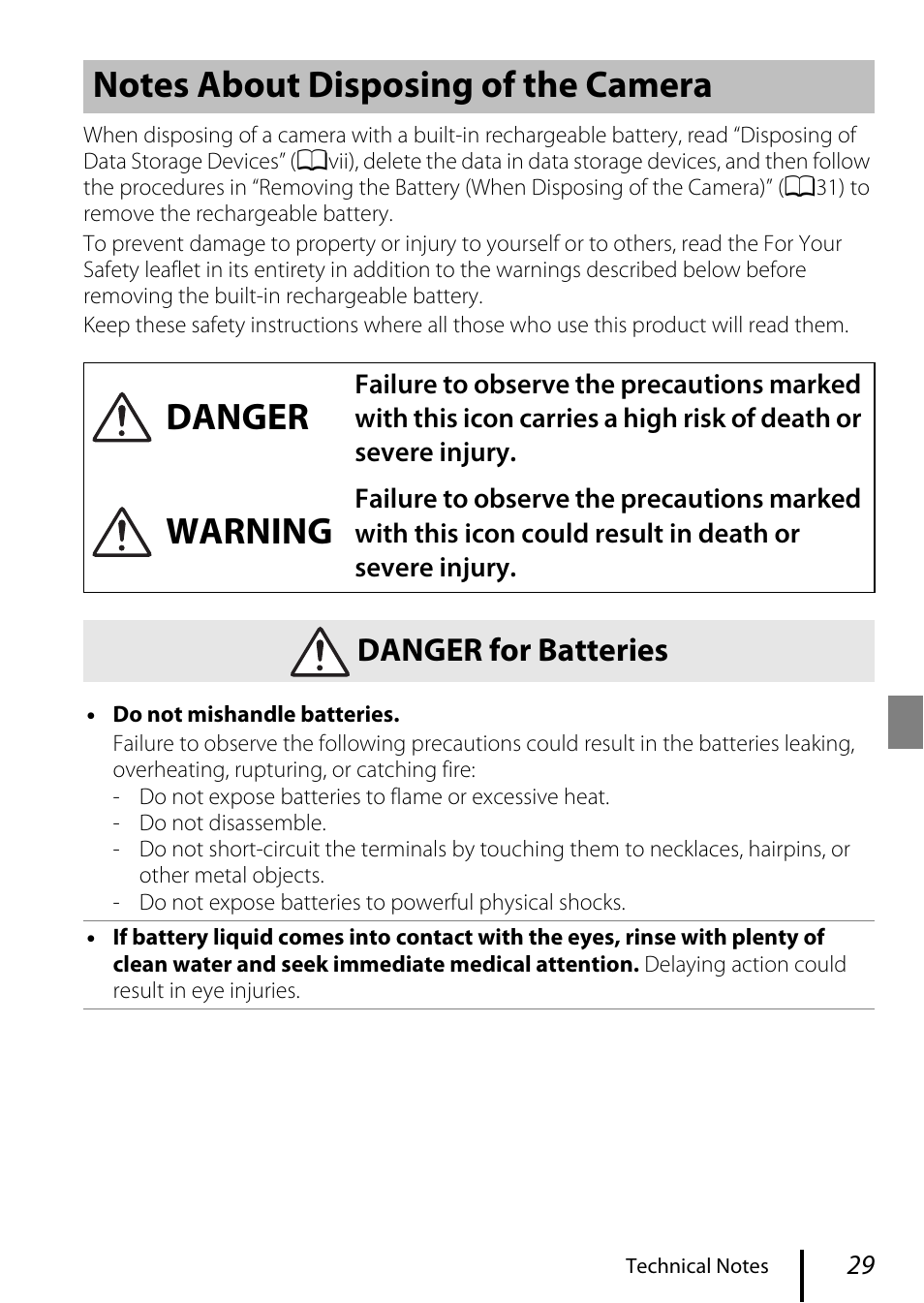 Warning, Danger for batteries | Nikon KeyMission 80 User Manual | Page 39 / 48