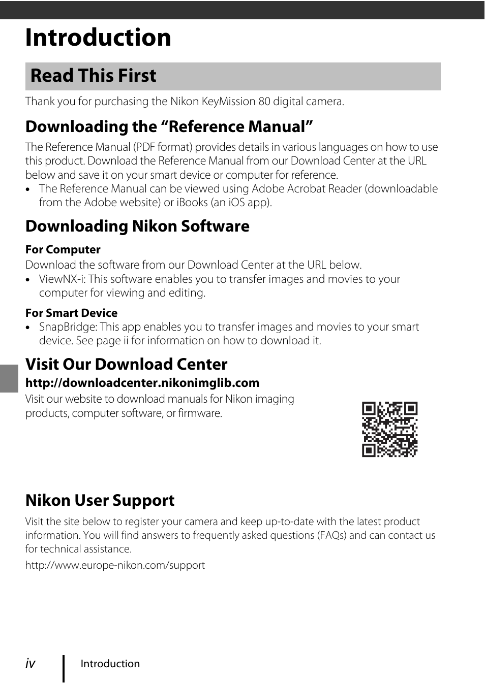 Introduction, Read this first, Downloading the “reference manual | Downloading nikon software, Visit our download center, Nikon user support | Nikon KeyMission 80 User Manual | Page 4 / 48