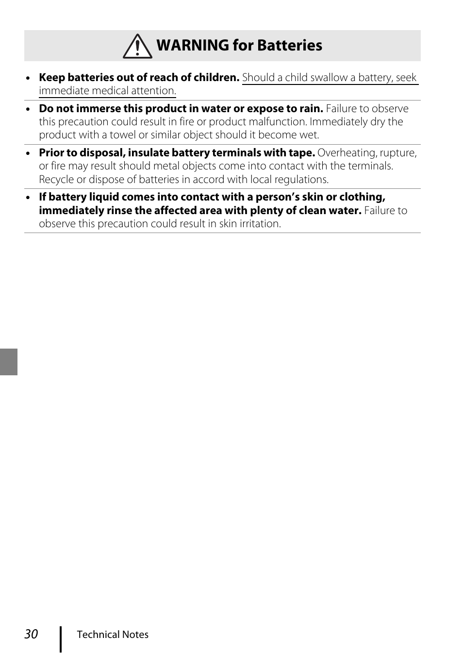 Warning for batteries | Nikon KeyMission 80 User Manual | Page 40 / 48