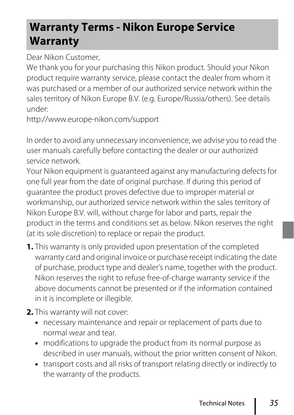 Warranty terms - nikon europe service warranty | Nikon KeyMission 80 User Manual | Page 45 / 48