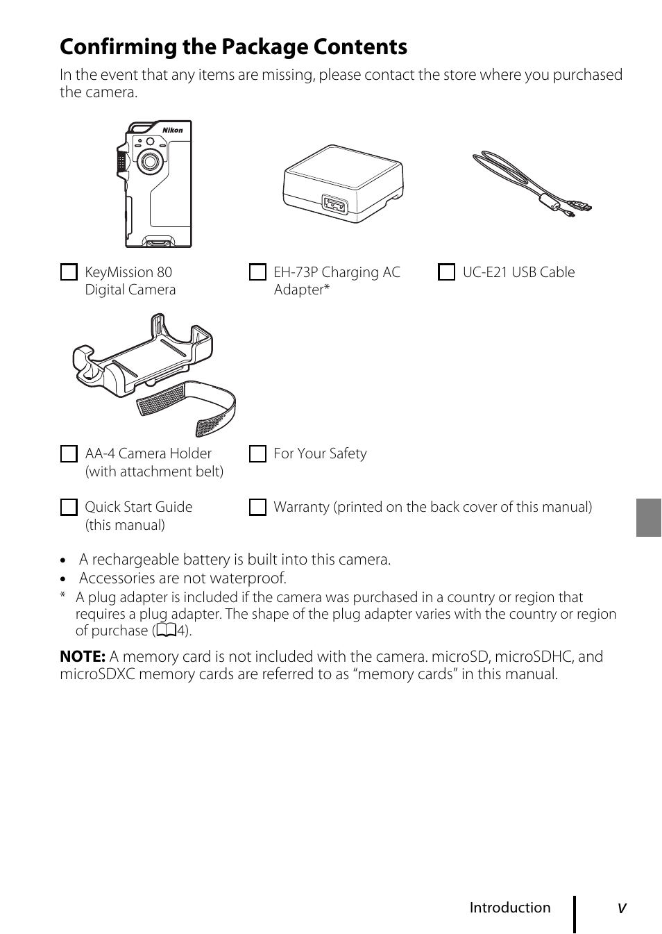 Confirming the package contents | Nikon KeyMission 80 User Manual | Page 5 / 48