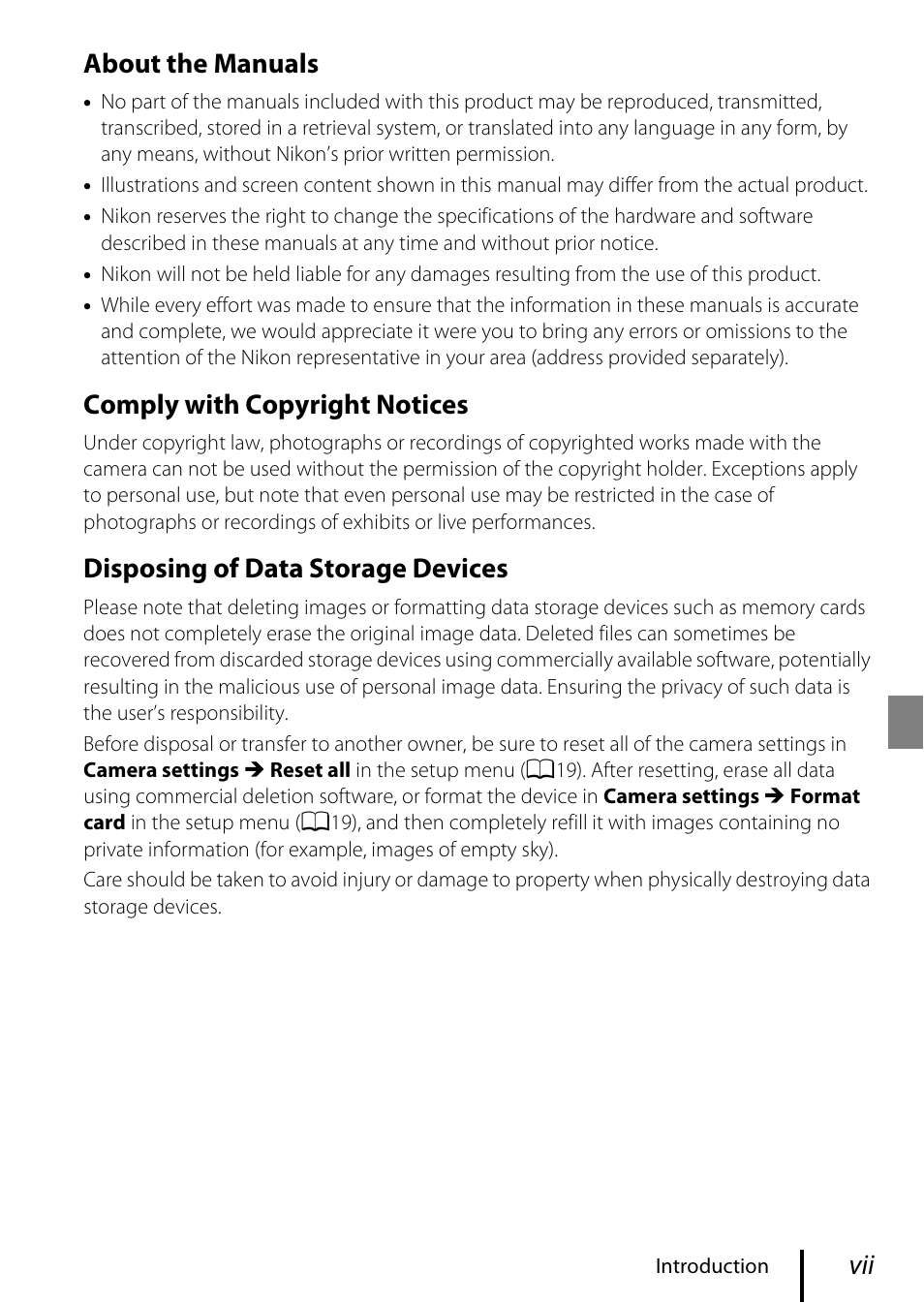 About the manuals, Comply with copyright notices, Disposing of data storage devices | Nikon KeyMission 80 User Manual | Page 7 / 48