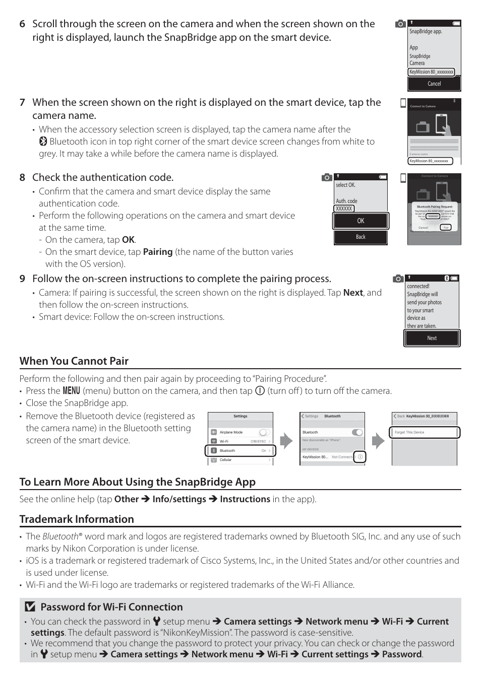 When you cannot pair, Trademark information, 8 check the authentication code | B password for wi-fi connection | Nikon KeyMission 80 User Manual | Page 2 / 2