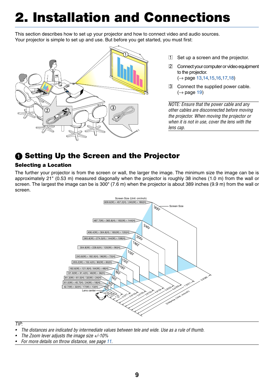 Installation and connections, 1) setting up the screen and the projector, Selecting a location (vt695) | ᕡ setting up the screen and the projector, Selecting a location | Dukane 8777 User Manual | Page 17 / 76