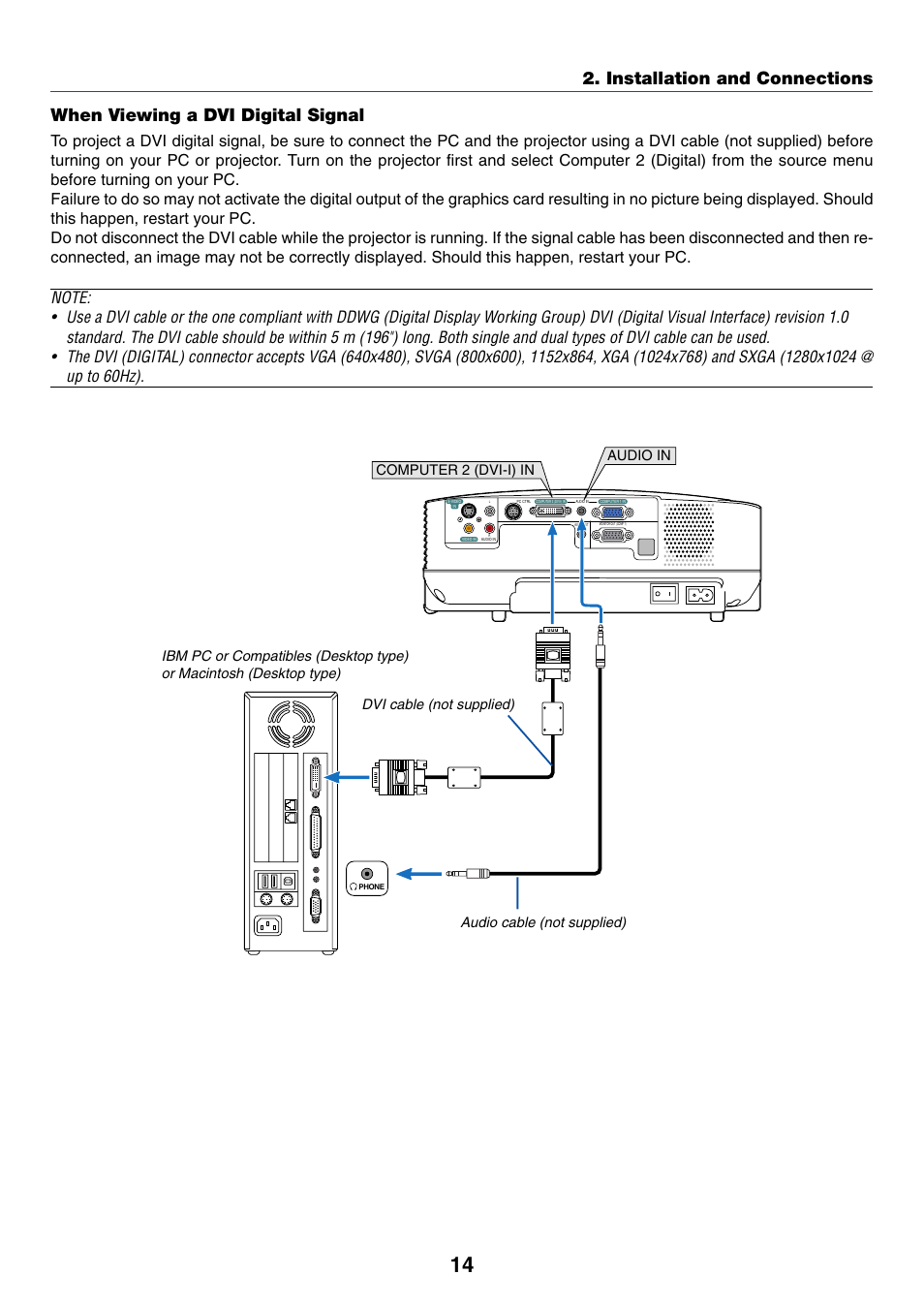 When viewing a dvi digital signal (vt695/vt595), Audio in computer 2 (dvi-i) in | Dukane 8777 User Manual | Page 22 / 76