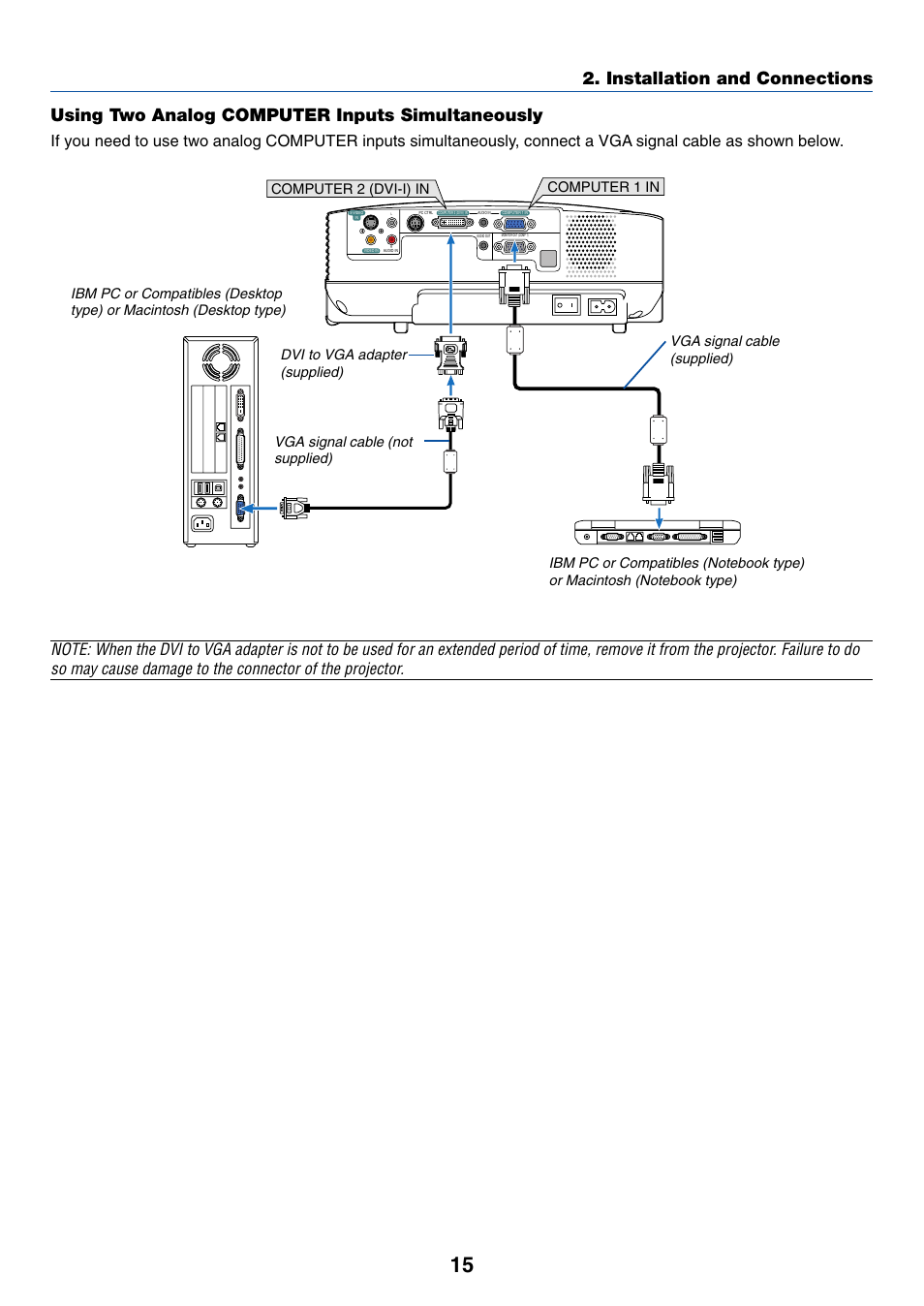 Using two analog computer inputs simultaneously, Installation and connections, Computer 1 in computer 2 (dvi-i) in | Dukane 8777 User Manual | Page 23 / 76