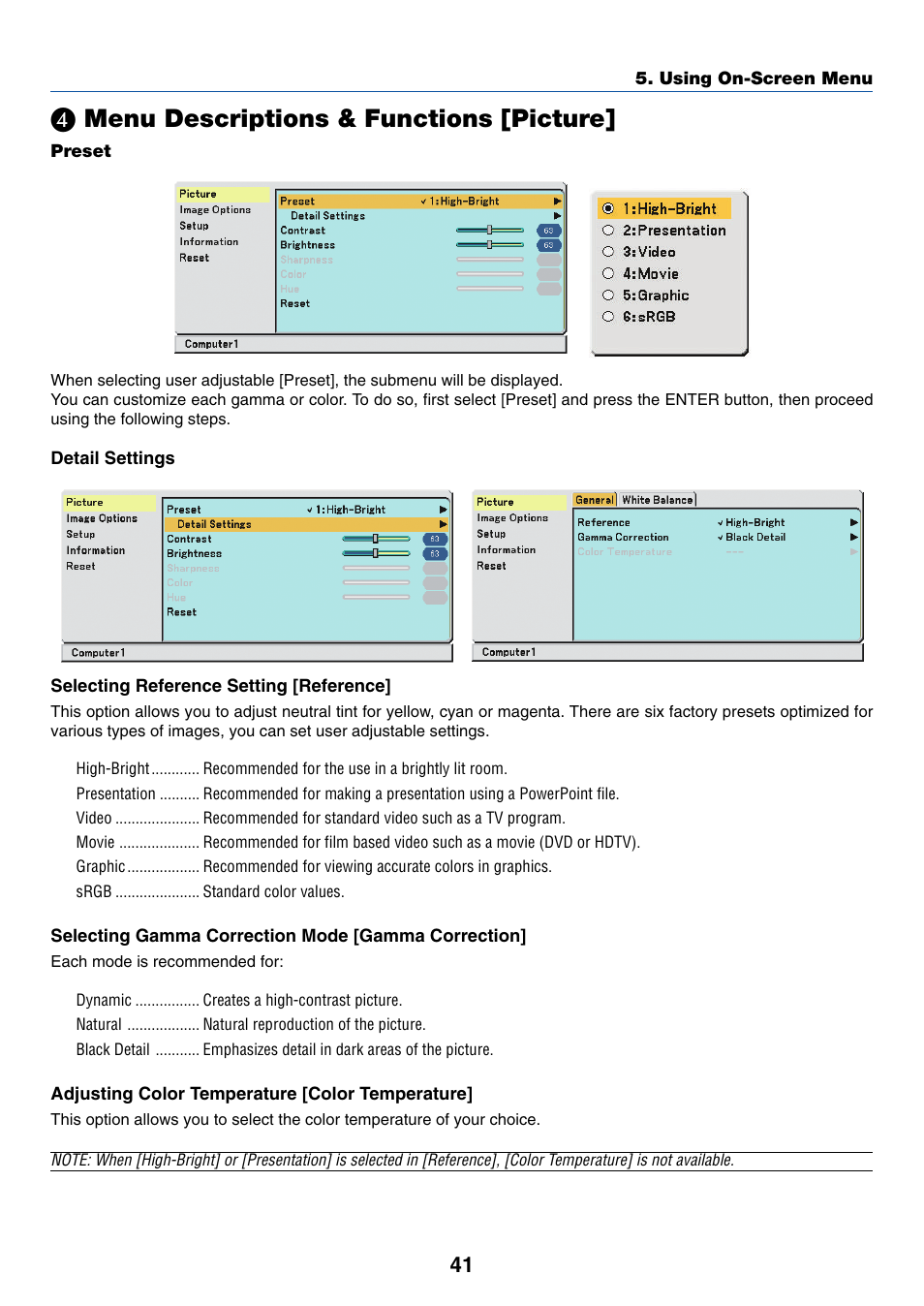 4) menu descriptions & functions [picture, Preset, Menu descriptions & functions [picture | Dukane 8777 User Manual | Page 49 / 76