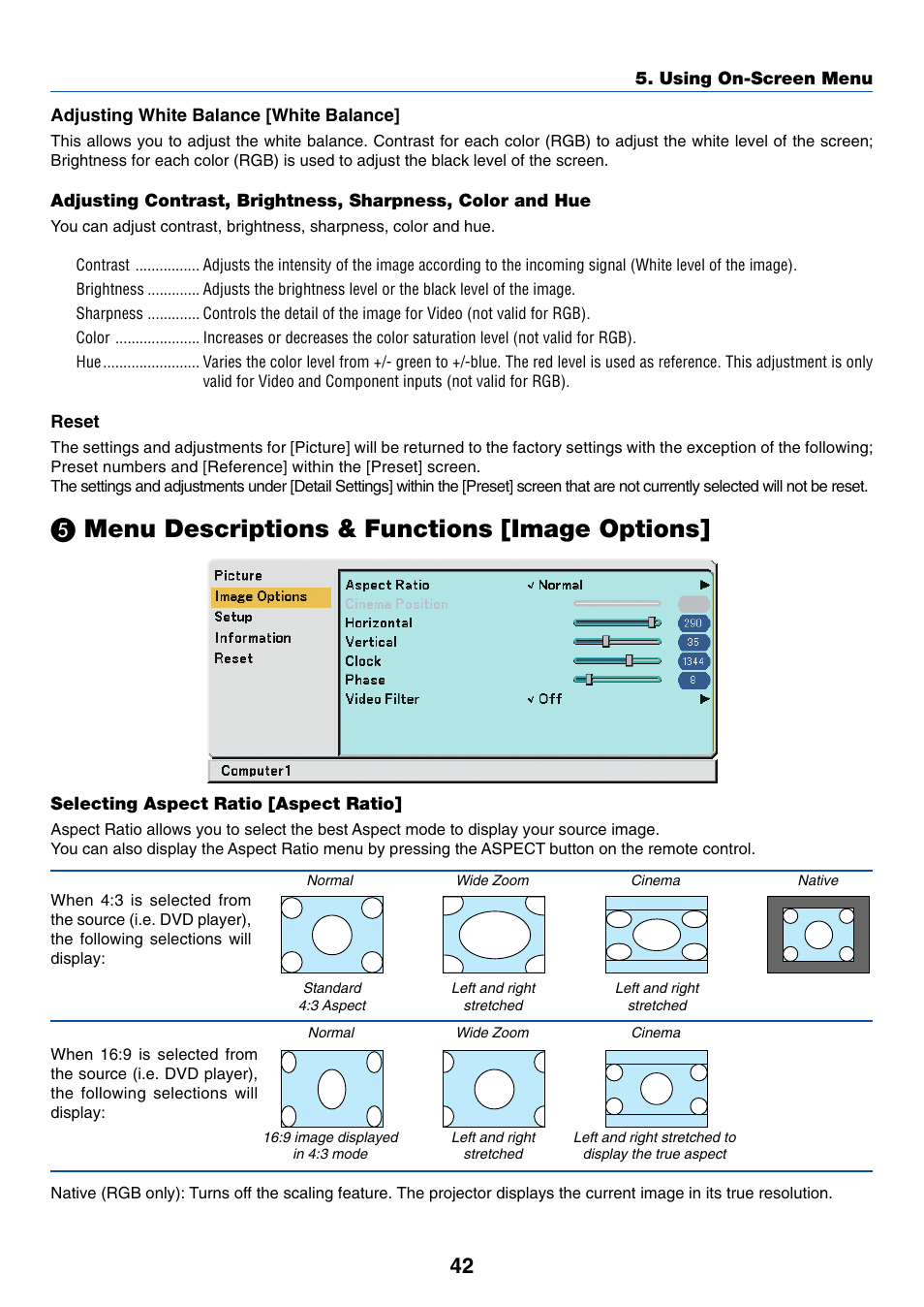 Reset, 5) menu descriptions & functions [image options, Selecting aspect ratio [aspect ratio | Menu descriptions & functions [image options | Dukane 8777 User Manual | Page 50 / 76